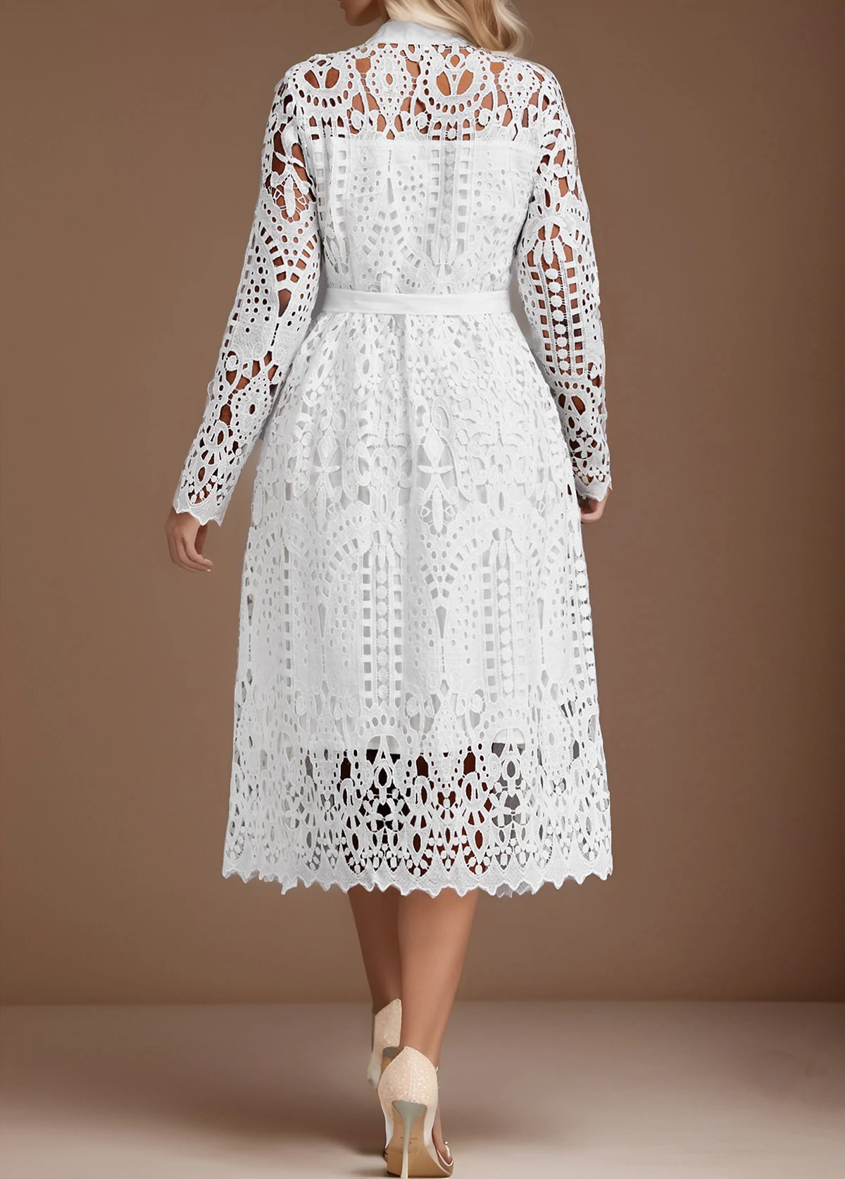 White Lace Belted Long Sleeve Stand Collar Dress 4 White Lace Belted Long Sleeve Stand Collar Dress - Image 2