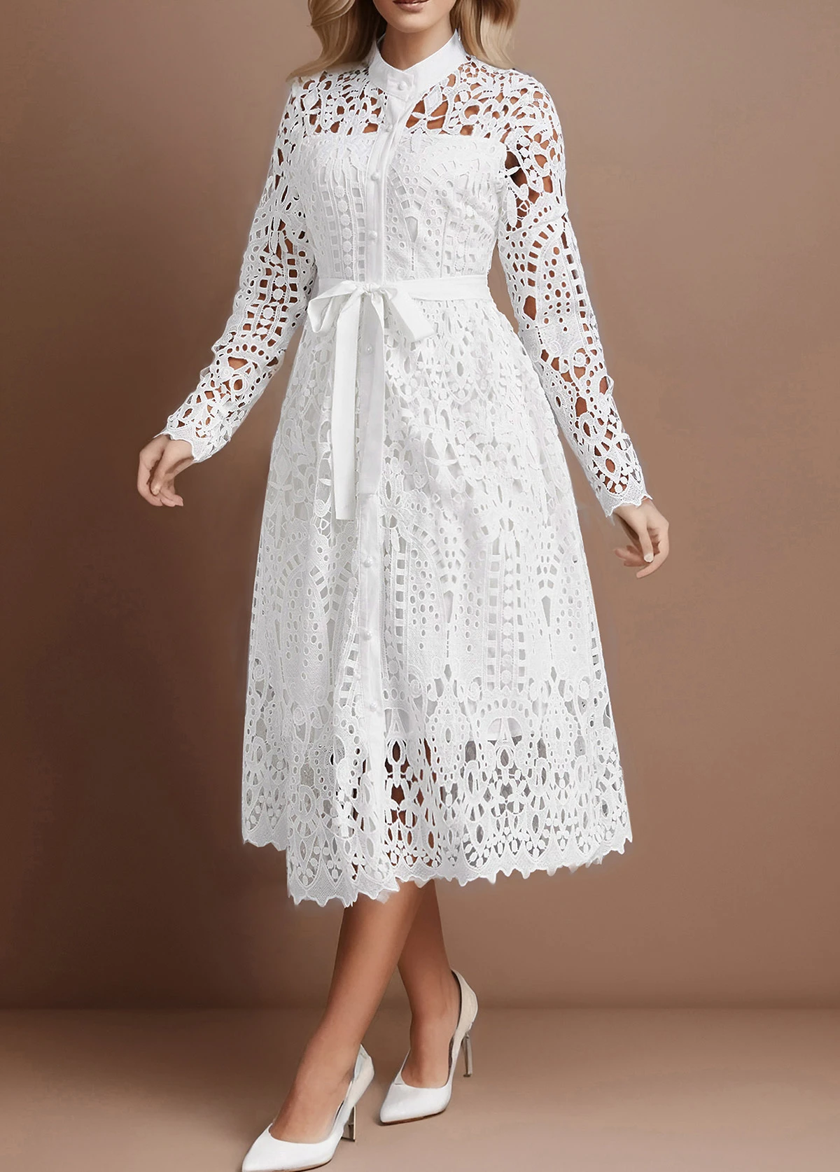 White Lace Belted Long Sleeve Stand Collar Dress 5 White Lace Belted Long Sleeve Stand Collar Dress - Image 3