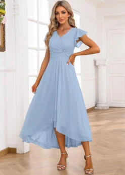 Light Blue Twist High Low Short Sleeve Dress -Modlily Shop 338349 P 16893302166723