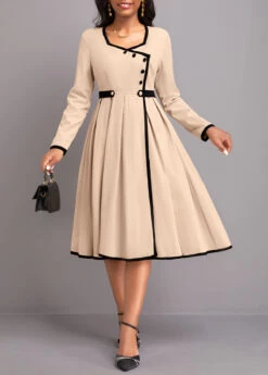 Light Camel Contrast Binding Long Sleeve Dress -Modlily Shop 338396 P 16927905180051