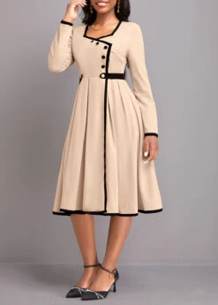 Light Camel Contrast Binding Long Sleeve Dress -Modlily Shop 338396 P 16927905186583