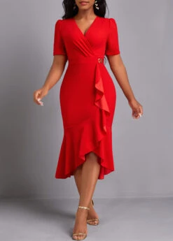 Red High Low Short Sleeve Mermaid Dress -Modlily Shop 338422 P 16905406946493