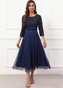 Navy Lace Three Quarter Length Sleeve Boat Neck Dress -Modlily Shop 338442 P 16951202061130
