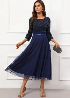 Navy Lace Three Quarter Length Sleeve Boat Neck Dress -Modlily Shop 338442 P 16951202061374