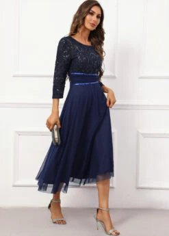 Navy Lace Three Quarter Length Sleeve Boat Neck Dress -Modlily Shop 338442 P 16951202064272