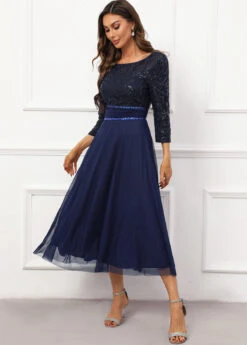 Navy Lace Three Quarter Length Sleeve Boat Neck Dress