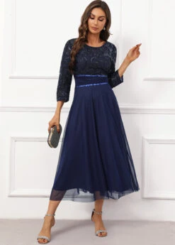 Navy Lace Three Quarter Length Sleeve Boat Neck Dress -Modlily Shop 338442 P 16951202066255