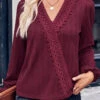 Wine Red Lace Long Sleeve T Shirt -Modlily Shop 338535 P 1689752924813