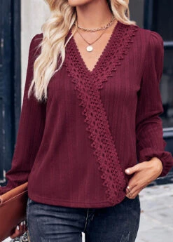 Wine Red Lace Long Sleeve T Shirt