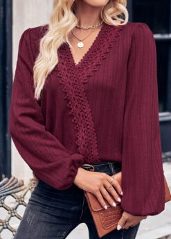 Wine Red Lace Long Sleeve T Shirt -Modlily Shop 338535 P 1689752925350