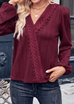 Wine Red Lace Long Sleeve T Shirt -Modlily Shop 338535 P 1689752925665