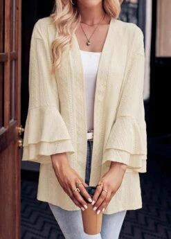 Beige Layered Long Sleeve V Neck Coat -Modlily Shop 338538 P 1689754054341