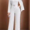 White Beaded Long Belted Round Neck Jumpsuit -Modlily Shop 338551 P 1691630928940