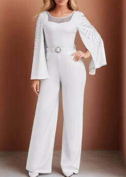 White Beaded Long Belted Round Neck Jumpsuit -Modlily Shop 338551 P 1691630930260