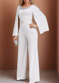 White Beaded Long Belted Round Neck Jumpsuit -Modlily Shop 338551 P 1691630931565
