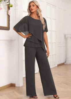 Dark Grey Layered Long Half Sleeve Jumpsuit -Modlily Shop 338568 P 16935360003534