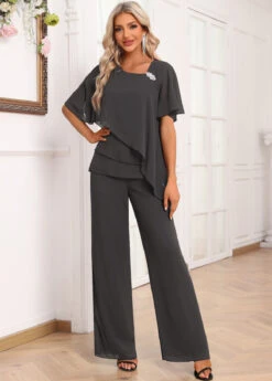 Dark Grey Layered Long Half Sleeve Jumpsuit