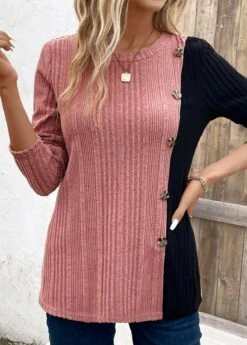 Black Patchwork Long Sleeve Round Neck T Shirt -Modlily Shop 338677 P 16929598221743