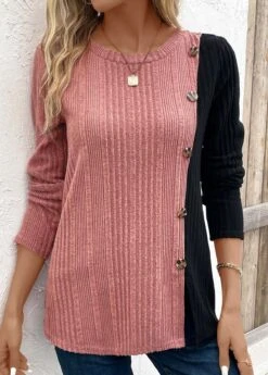 Black Patchwork Long Sleeve Round Neck T Shirt -Modlily Shop 338677 P 16929598222160