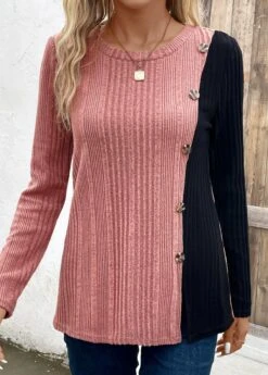 Black Patchwork Long Sleeve Round Neck T Shirt -Modlily Shop 338677 P 16929598225504