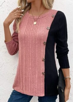 Black Patchwork Long Sleeve Round Neck T Shirt -Modlily Shop 338677 P 16929598227912