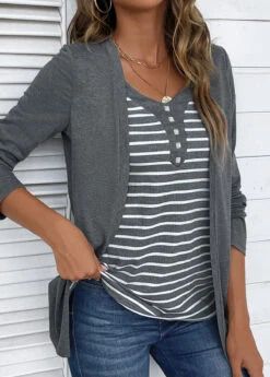 Dark Grey Marl Fake 2in1 Striped T Shirt 10 Dark Grey Marl Fake 2in1 Striped T Shirt -Modlily Shop 338681 P 16933947000582