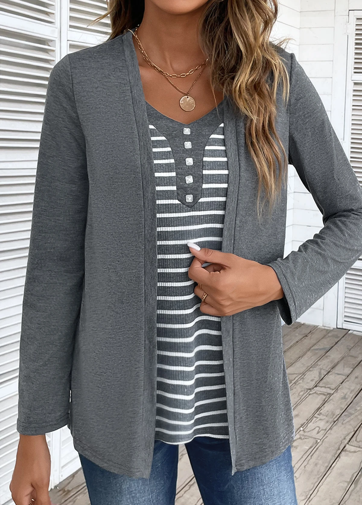 Dark Grey Marl Fake 2in1 Striped T Shirt 8 Dark Grey Marl Fake 2in1 Striped T Shirt - Image 6