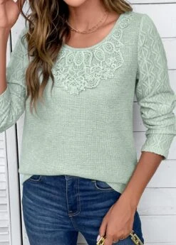 Sage Green Patchwork Long Sleeve Round Neck T Shirt -Modlily Shop 338689 P 16933084230475