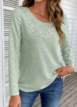 Sage Green Patchwork Long Sleeve Round Neck T Shirt -Modlily Shop 338689 P 16933084230783