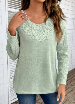 Sage Green Patchwork Long Sleeve Round Neck T Shirt -Modlily Shop 338689 P 16933084236402