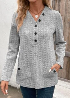 Light Grey Pocket Long Sleeve V Neck Sweatshirt -Modlily Shop 338724 P 16928731810632