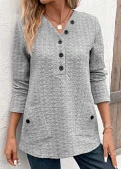 Light Grey Pocket Long Sleeve V Neck Sweatshirt -Modlily Shop 338724 P 16928731810644