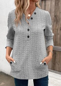 Light Grey Pocket Long Sleeve V Neck Sweatshirt -Modlily Shop 338724 P 16928731815923