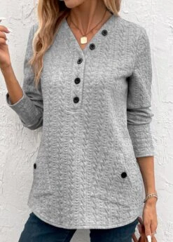 Light Grey Pocket Long Sleeve V Neck Sweatshirt -Modlily Shop 338724 P 16928731818225