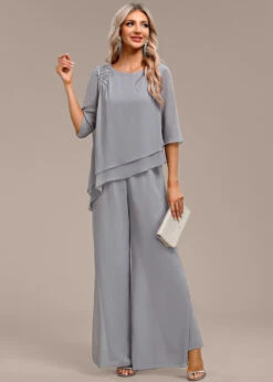 Grey Asymmetry Long Three Quarter Length Sleeve Jumpsuit