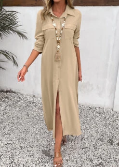 Light Camel Split Pocket Maxi Shift Dress 9 Light Camel Split Pocket Maxi Shift Dress -Modlily Shop 338913 P 16917494260902
