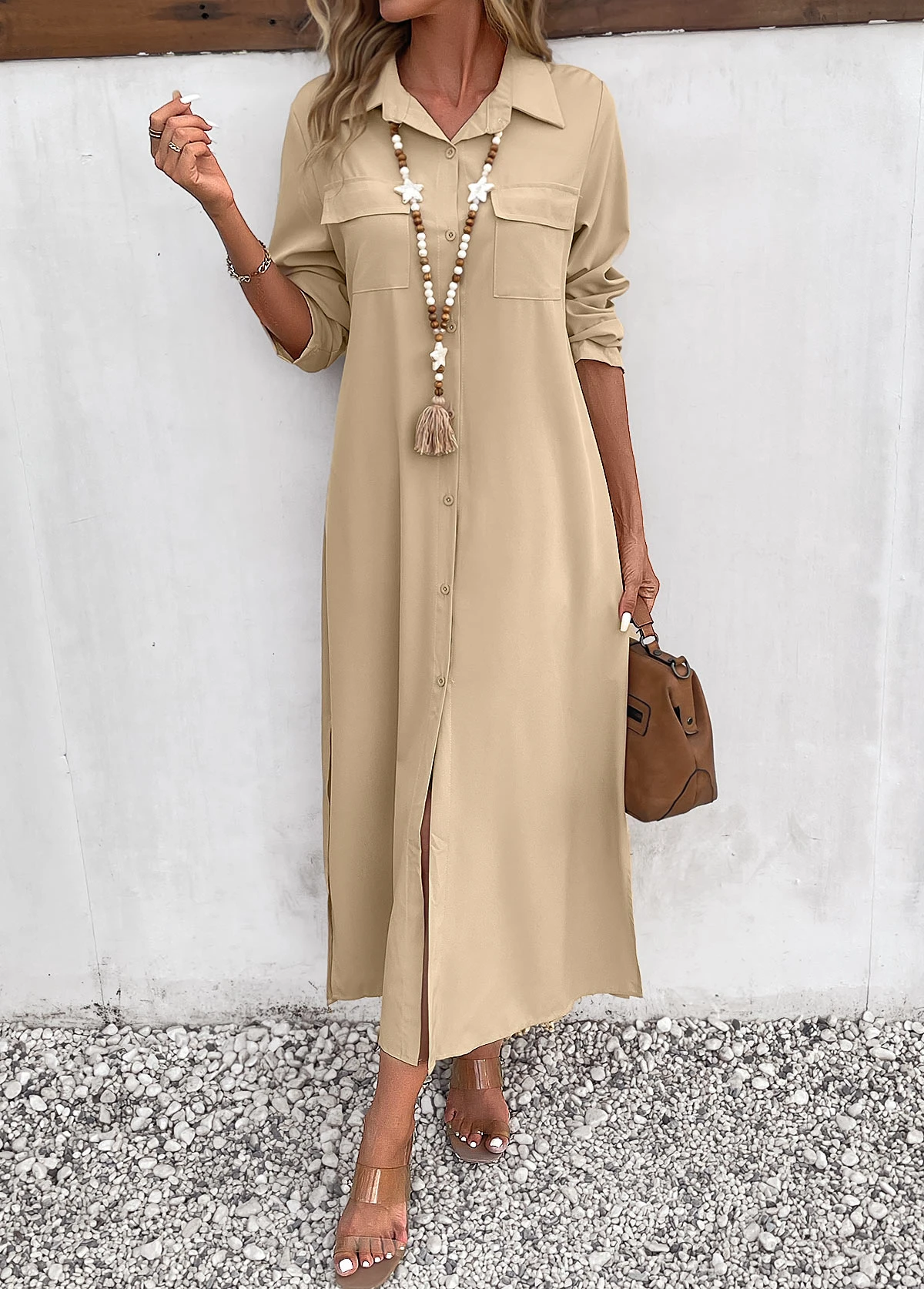 Light Camel Split Pocket Maxi Shift Dress 6 Light Camel Split Pocket Maxi Shift Dress - Image 4