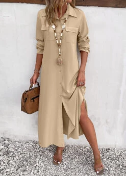 Light Camel Split Pocket Maxi Shift Dress 11 Light Camel Split Pocket Maxi Shift Dress -Modlily Shop 338913 P 16917494275624