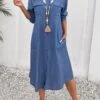 Dusty Blue Pocket Long Sleeve Shift Dress -Modlily Shop 338962 P 16917505910680