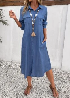 Dusty Blue Pocket Long Sleeve Shift Dress