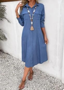 Dusty Blue Pocket Long Sleeve Shift Dress -Modlily Shop 338962 P 16917505915223