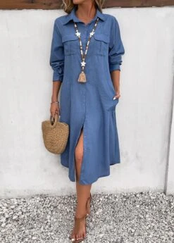 Dusty Blue Pocket Long Sleeve Shift Dress -Modlily Shop 338962 P 16917505917194