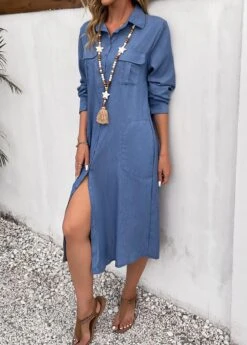 Dusty Blue Pocket Long Sleeve Shift Dress -Modlily Shop 338962 P 16917505919472