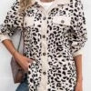 Beige Patchwork Leopard Long Sleeve Shirt Collar Coat