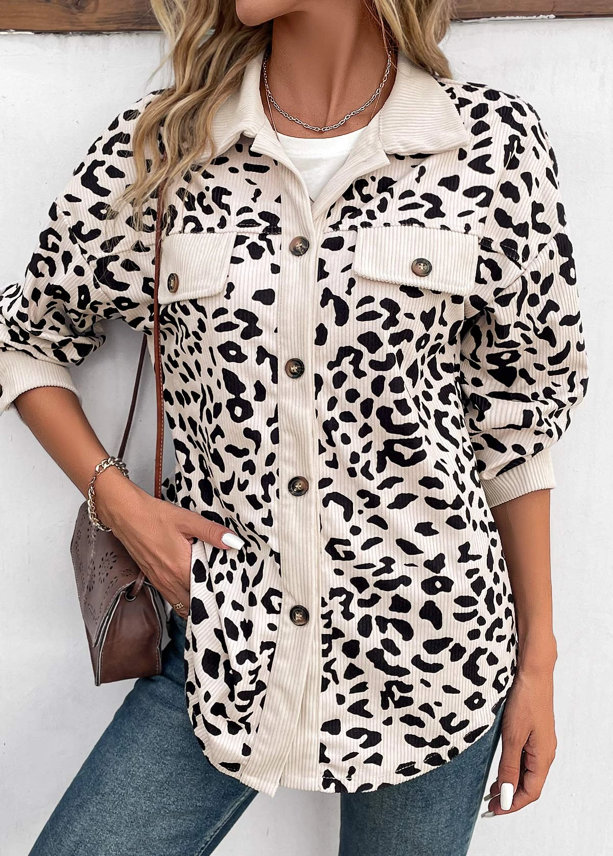 Beige Patchwork Leopard Long Sleeve Shirt Collar Coat 3 Beige Patchwork Leopard Long Sleeve Shirt Collar Coat