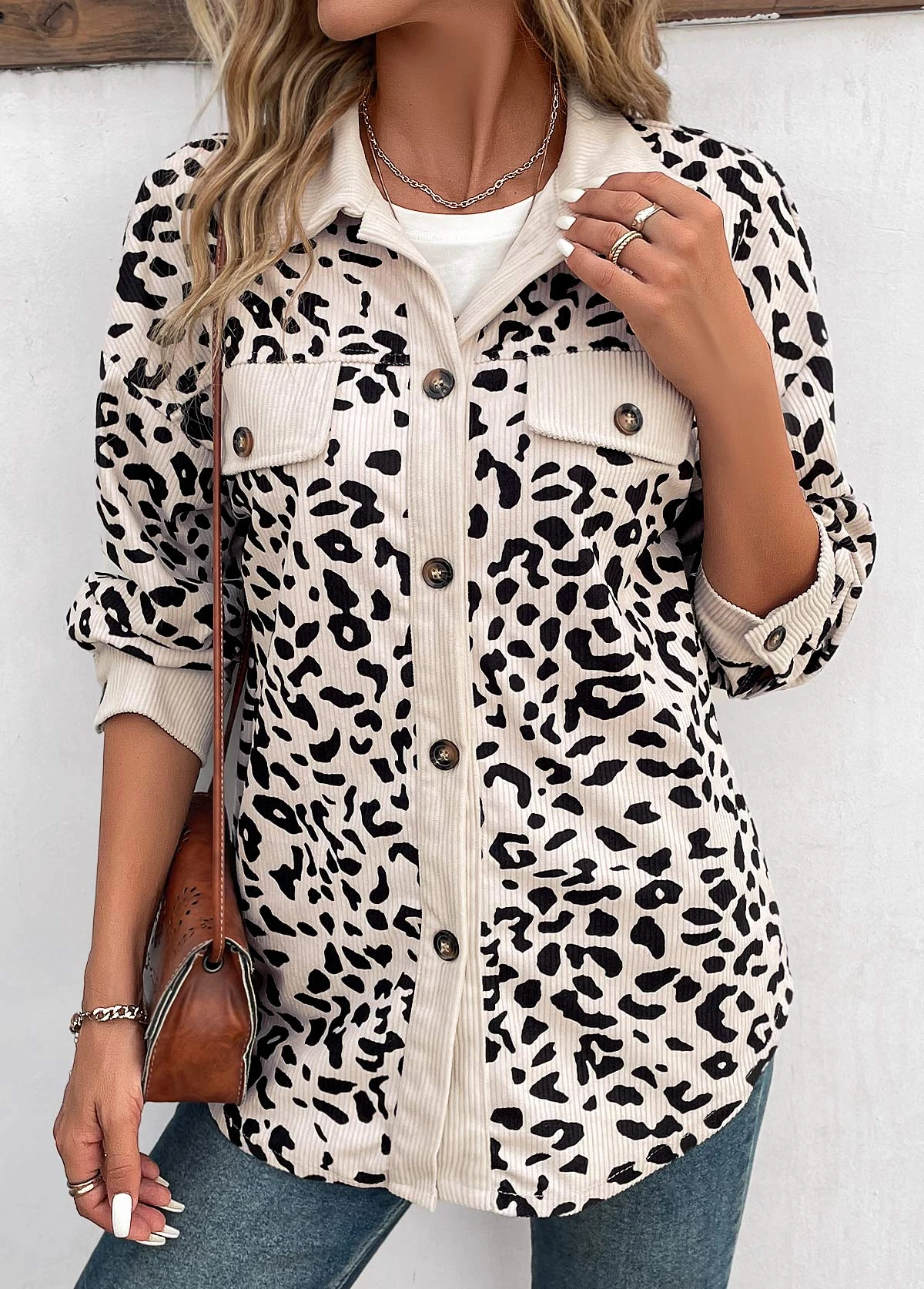 Beige Patchwork Leopard Long Sleeve Shirt Collar Coat 7 Beige Patchwork Leopard Long Sleeve Shirt Collar Coat - Image 5