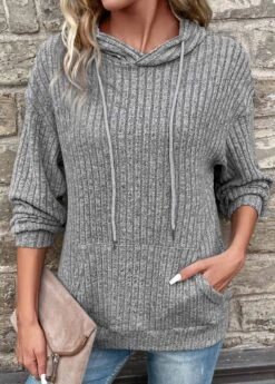 Grey Pocket Long Sleeve Hooded Sweatshirt -Modlily Shop 338974 P 16916645748705