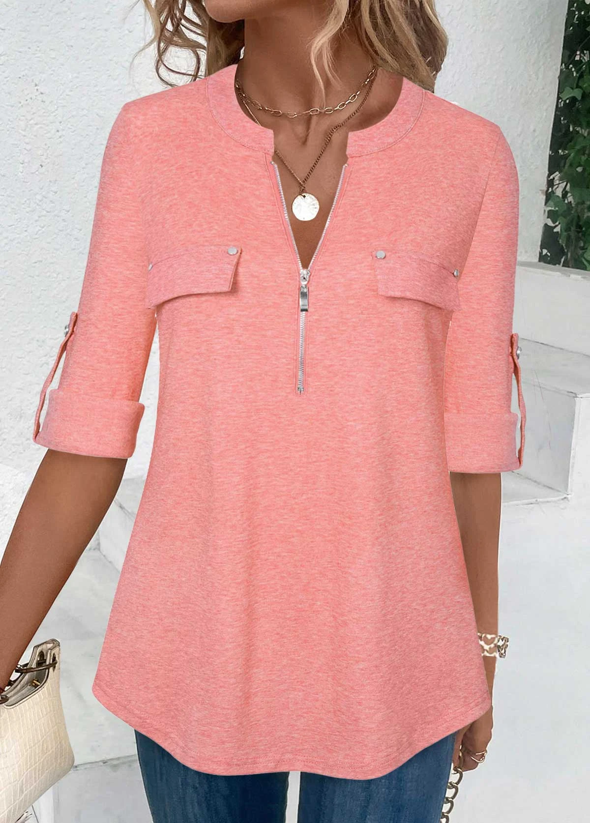 Pink Zipper Long Sleeve Round Neck T Shirt 5 Pink Zipper Long Sleeve Round Neck T Shirt - Image 3