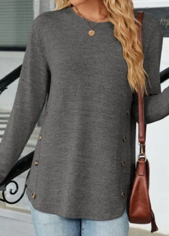 Dark Grey Button Long Sleeve Round Neck T Shirt -Modlily Shop 339008 P 1690281269180