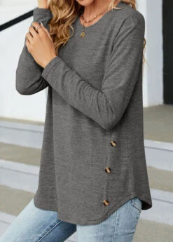 Dark Grey Button Long Sleeve Round Neck T Shirt -Modlily Shop 339008 P 1690281269657
